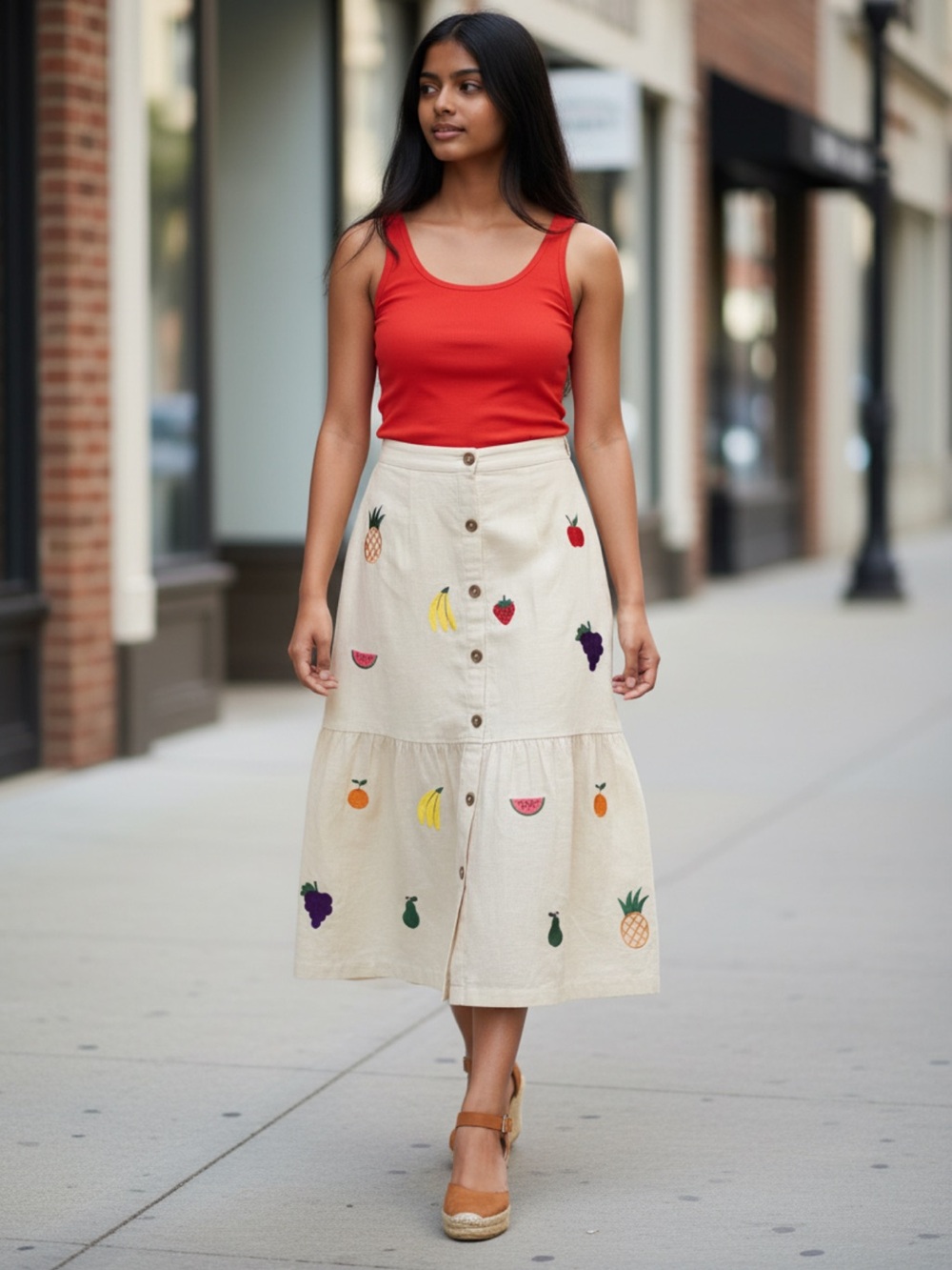 NWT PEPALOVES Embroidered Fruit Button-Front Midi Skirt M